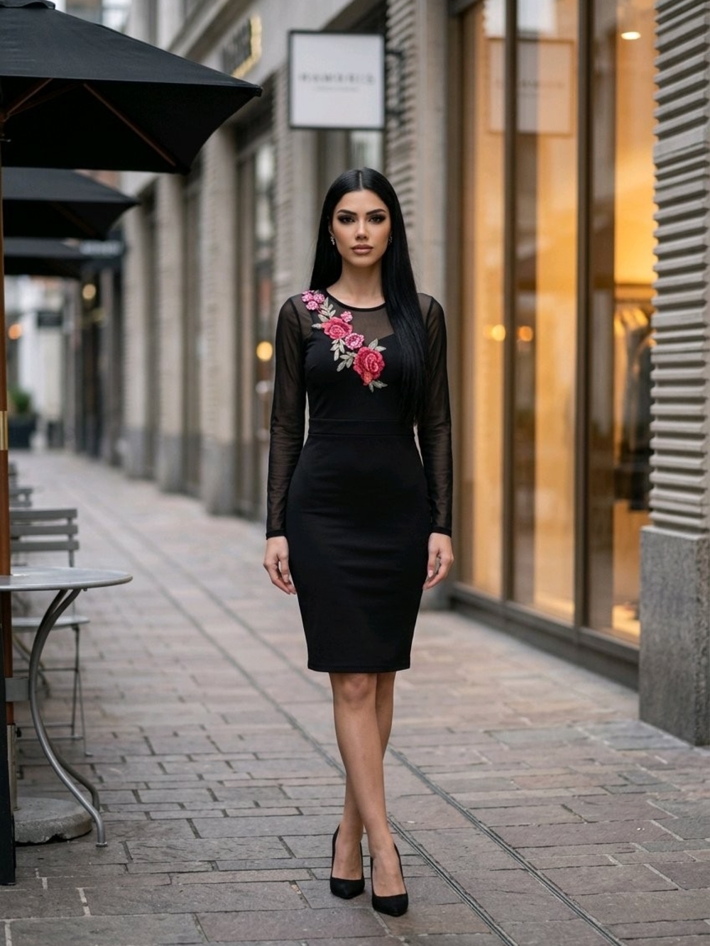 Black Midi Dress with Pink Rose Embroidery